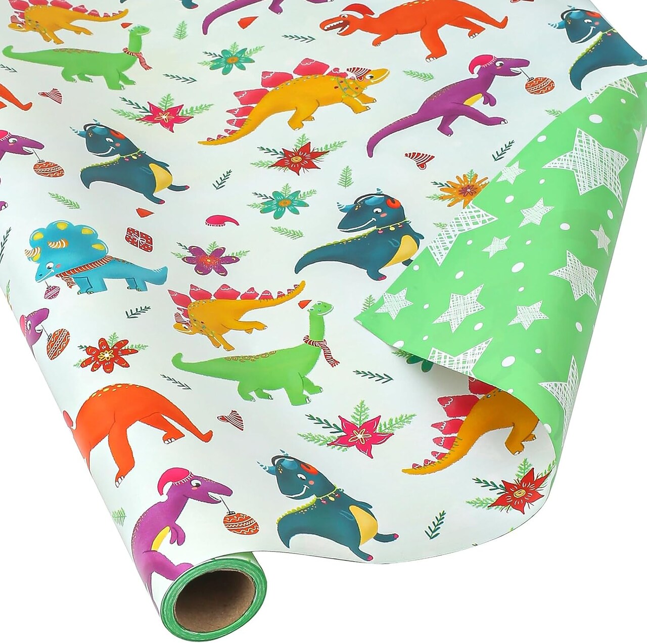 Dinosaur Christmas Wrapping Paper Roll for Kids Baby - Cute Dinosaurs with Xmas Decoration and Stars Design - Reversible Holiday Gift Wrap Paper, 17.7 Inch